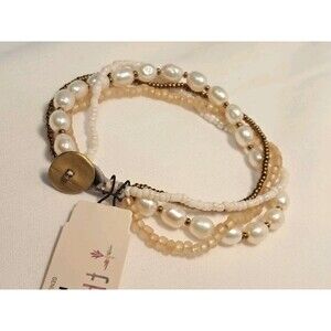 Peyote Bird Four Strands Bracelet Freshwater Pearls Neutral Tones 7.5" NWT